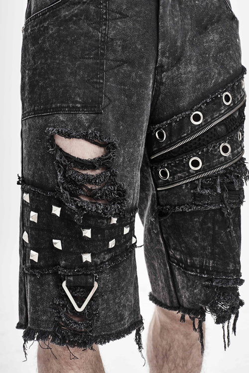 Black Decadence Punk Rock Nailed Ragged Shorts Mens Pants - Product - 7