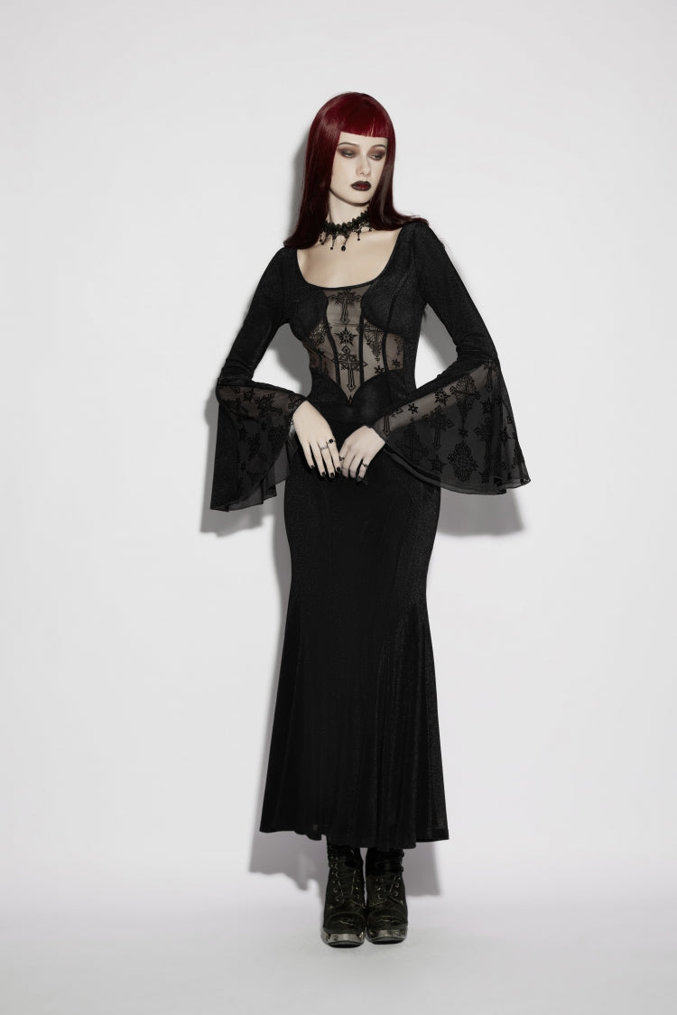 Black Round Collar Long Trumpet Sleeves Spliced Lace Lace-Up Slim Mesh Eyelet Women's Gothic Gorgeous Dress Graduation Dress - Black - 1