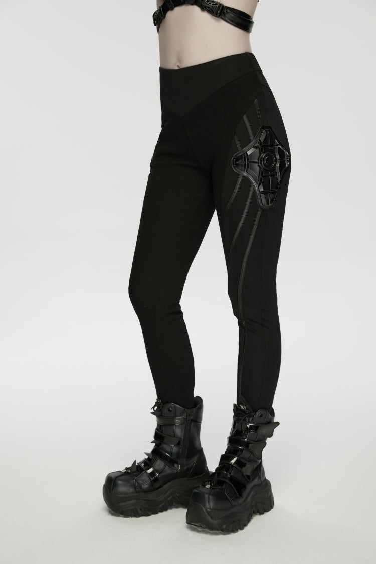 Black Slim Women's Armor-Accentuated Paneled Punk Leggings - Product - 8