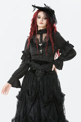 Black Sheer Stand Collar Ruffled Long Lantern Sleeves Women's Gothic Blouse - Black - 1