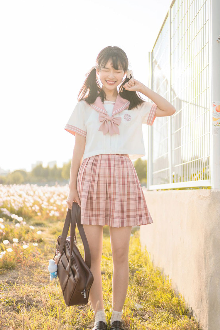 Pink College Style Plaid Stripe Print Sweet Japanese School Pleated Skirt - Product - 2