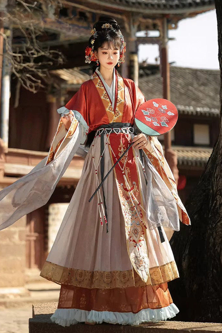 [Cloud-Clad Fairy] Long Sleeves Printed Ruffled Embroidered Classic Chinese Style Hanfu Dress Set 2 Colors - Product - 4