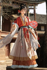 [Cloud-Clad Fairy] Long Sleeves Printed Ruffled Embroidered Classic Chinese Style Hanfu Dress Set 2 Colors - Product - 4