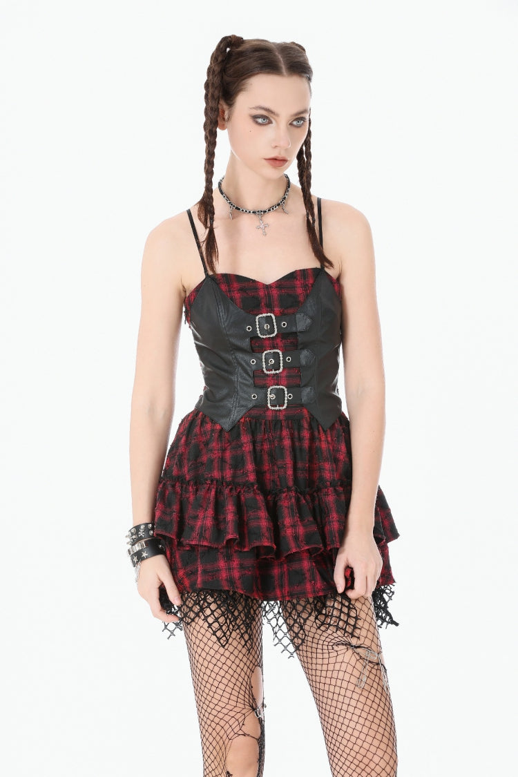 Black/Red Plaid Leather Multi-Layered Ruffled Women's Punk  Sweetcore Slip Dress - Product - 5