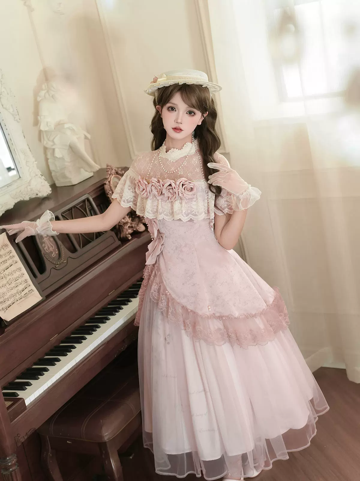Pink Floral Mesh Lace Ruffled Rose Sweet Princess Vintage (Set) detail view 3