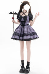 Purple [Witch Time] Short Puff Sleeves Plaid Print Bowknot Lace Sweet Lolita Dress - Product - 8