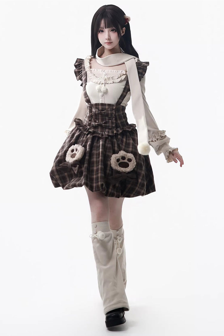 Brown [Fluffy Little Bear] Plaid Printed Ruffled Bow Sweet Lolita Strap Dress - Product - 2