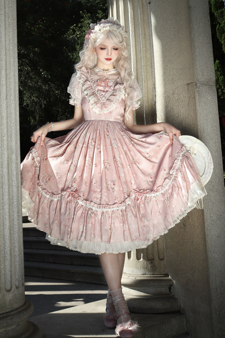 [Daydream Rose] Short Sleeves Floral Jacquard Print Ruffle Embroidery Bowknot Sweet Lolita Dress 3 Colors - Product - 6