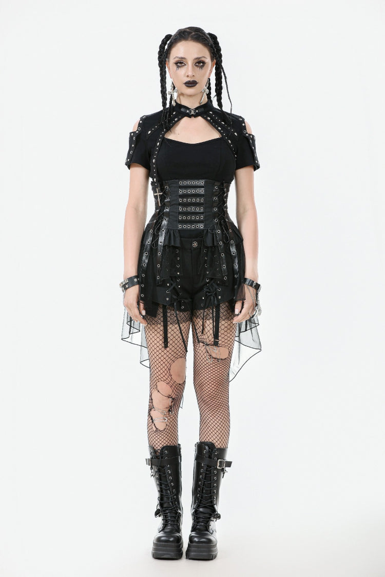 Black High Waisted Lace-Up High/low Mesh Women's Punk Skirt - Product - 11