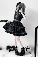 Black [Dark Night Starlight] Chain Ruffle Bowknot Lace Buckle Gothic College Style Lolita Dress Set - Product - 2