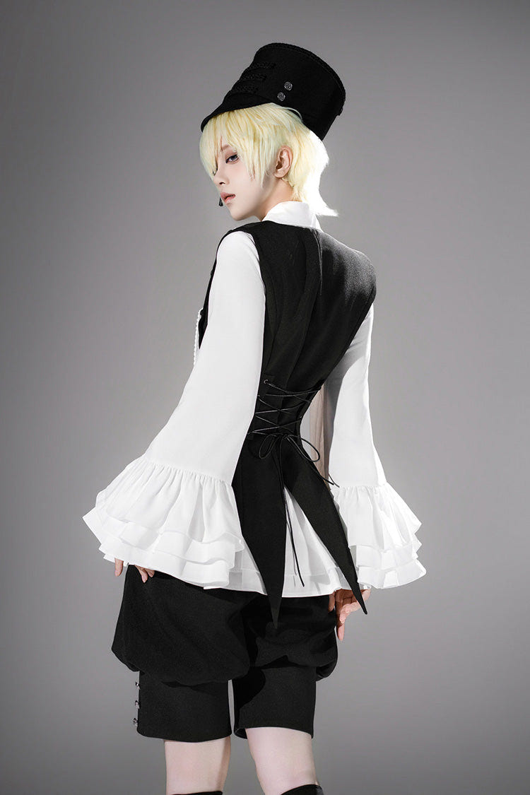 Black [Ash] Lapel Collar Long Sleeves Ruffled Bow Classic Vintage Elegant Prince Ouji Lolita Blouse Shorts Vest Set - Product - 6