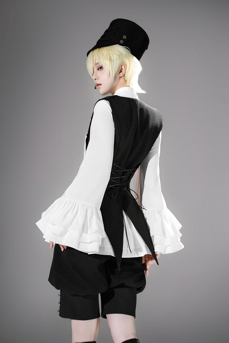 Black [Ash] Lapel Collar Long Sleeves Ruffled Bow Classic Vintage Elegant Prince Ouji Lolita Blouse Shorts Vest Set - Product - 6