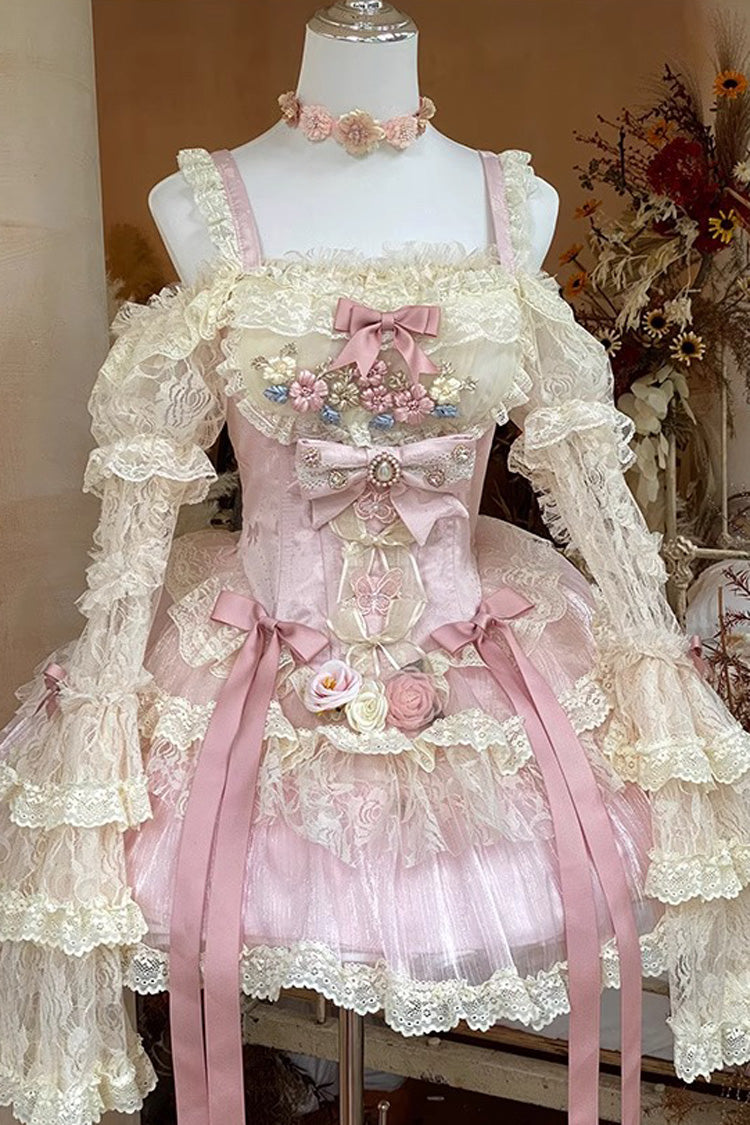 Pink Delicate Lace Flowers Love Song Bowknot Lace Sweet Lolita Dress - Product - 2