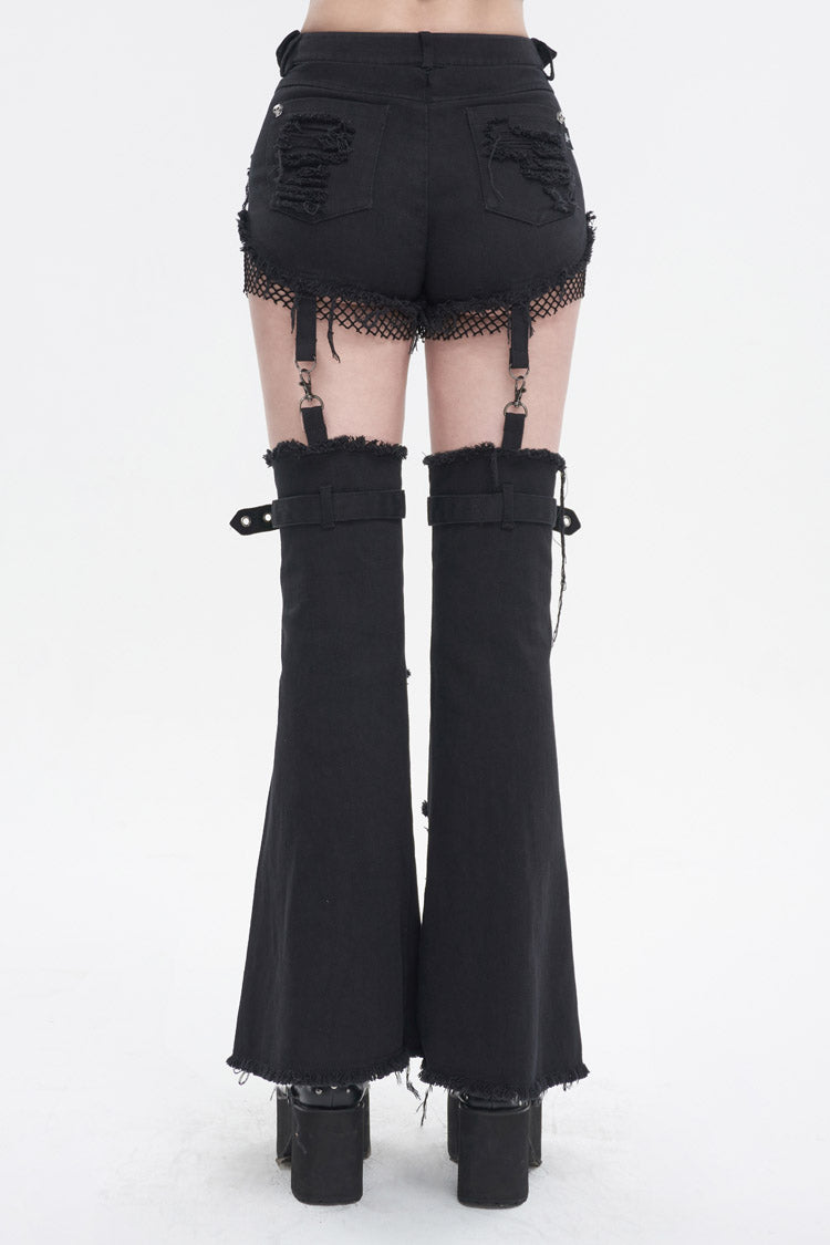 Black Segmented Splicing Old Fashioned Holes Flared Women's Punk Trouser - Product - 4