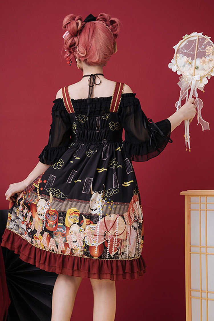 Black Demon Mask Print Bowknot High Waisted Sling Sweet Lolita Dress - Product - 4