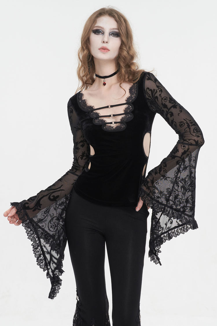 Black Plunging Flared Sleeved Mesh Splice Women's Punk Shirt - Product - 2