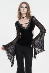 Black Plunging Flared Sleeved Mesh Splice Women's Punk Shirt - Product - 2