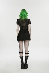 Black Lapel Collar Short Sleeves Lace-Up Mesh Eyelet Women's Punk Blouse - Product - 2