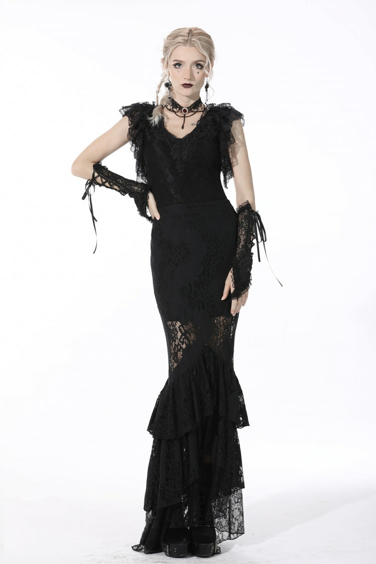 Black Women's Gothic Multi-Layered Lace Lace-Up Mermaid Maxi Skirt - Product - 6