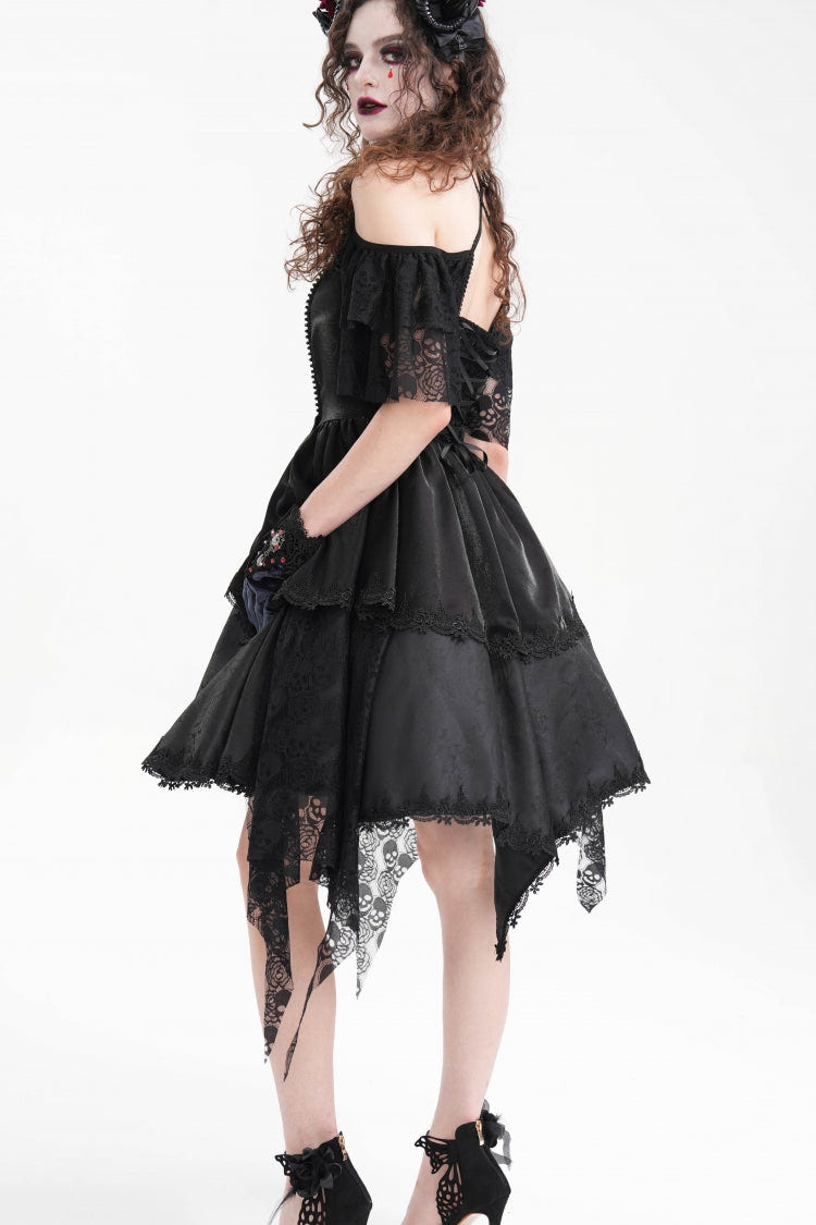 Black Halterneck Lace Lace-Up Irregular Hem Women's Gothic Dress - Product - 5