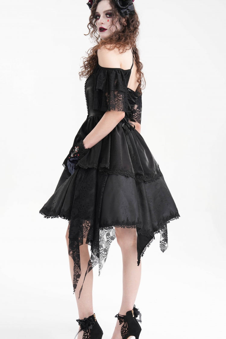 Black Halterneck Lace Lace-Up Irregular Hem Women's Gothic Dress - Product - 5