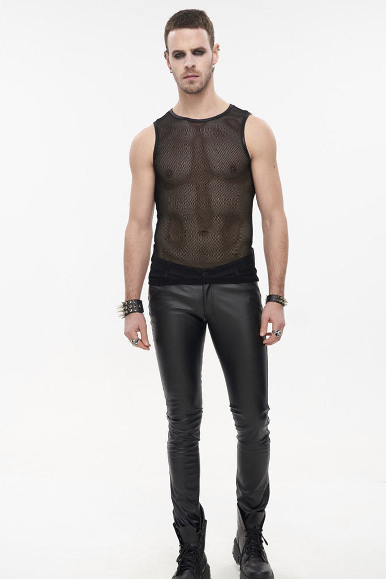Black Gothic Elasticity Perspective Rhombus Net Yarn Sleeveles Men's T-Shirt - Product - 4