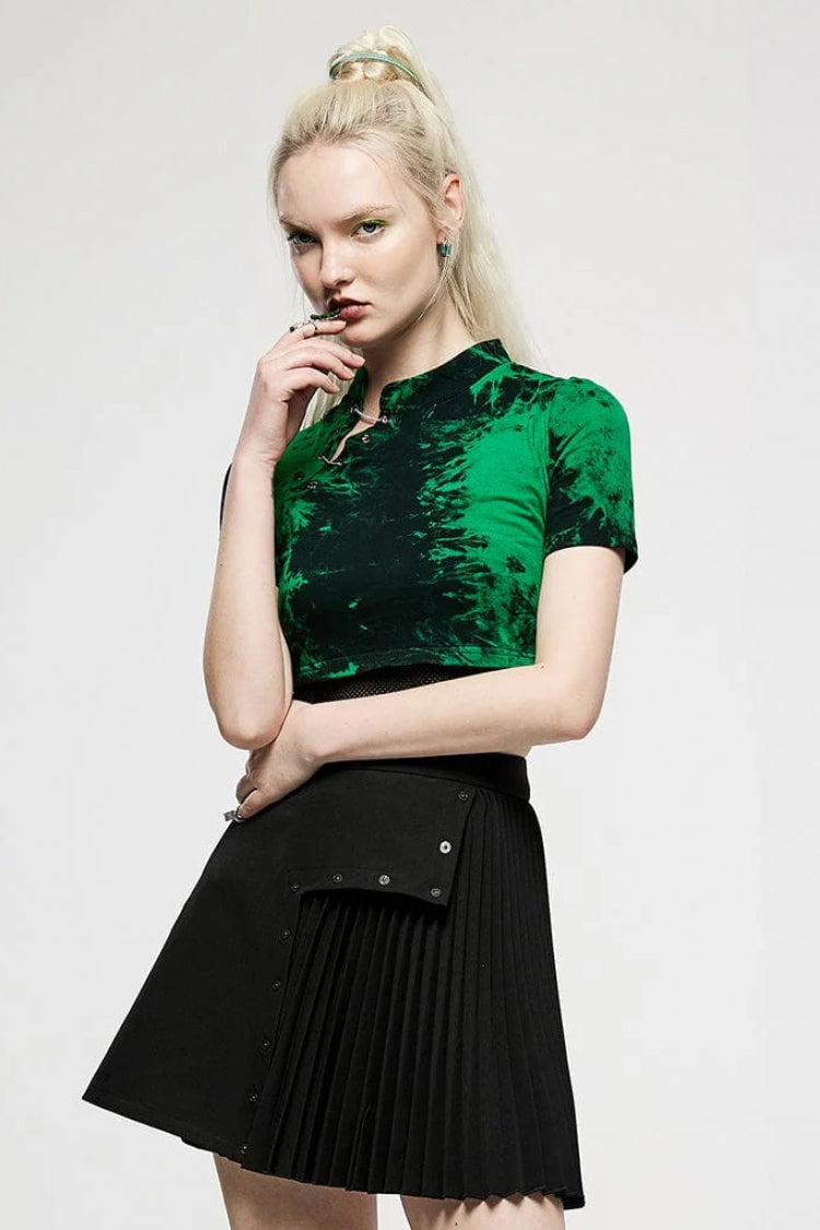 Green Short Sleeves Tie-dyed Metal Chain Women's Steampunk Short T-Shirt - Product - 3