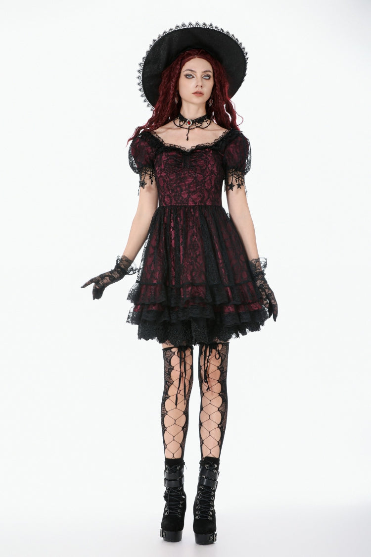 Black/Red Star Square-cut Collar Short Sleeves Lace Women's Gothic Priness Dress Graduation Dress - Product - 9