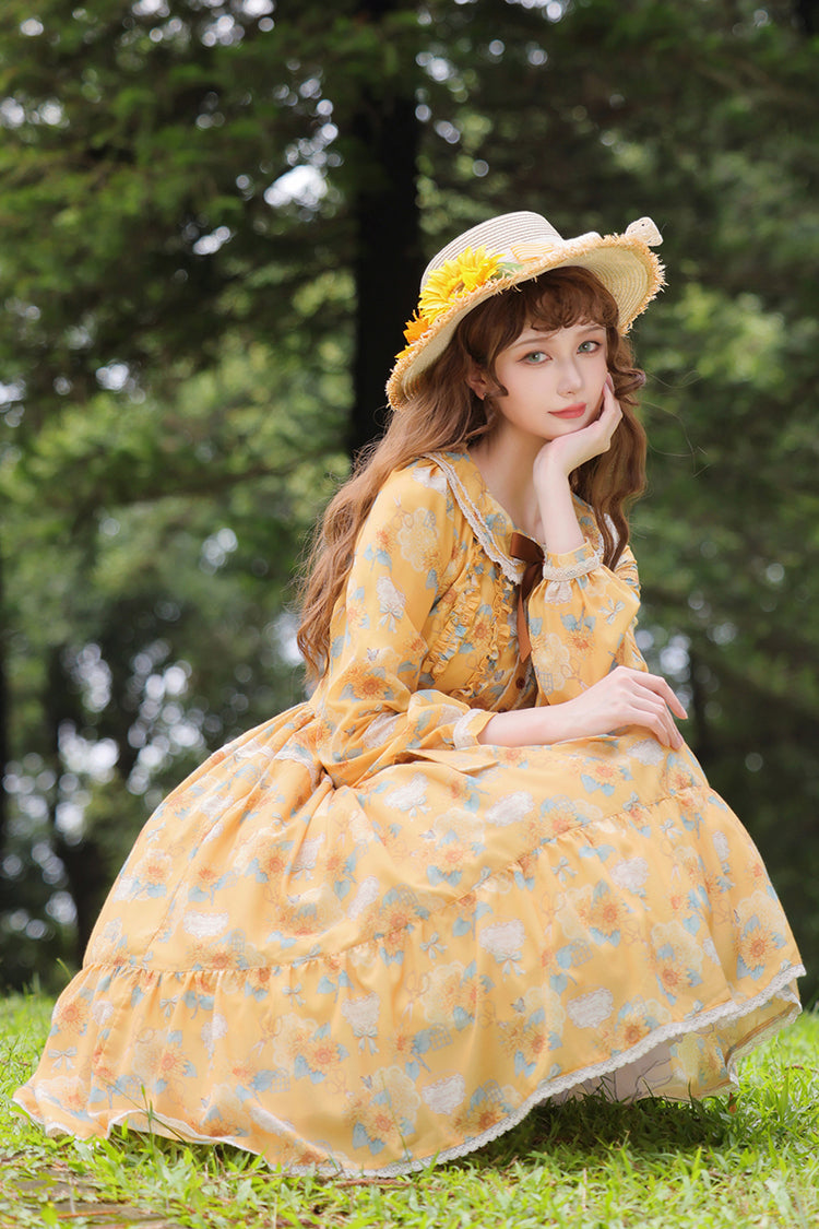 Yellow [Gardening Sunflower] Long Sleeves Print Ruffle Bowknot Sweet Elegant Lolita Dress - Product - 6