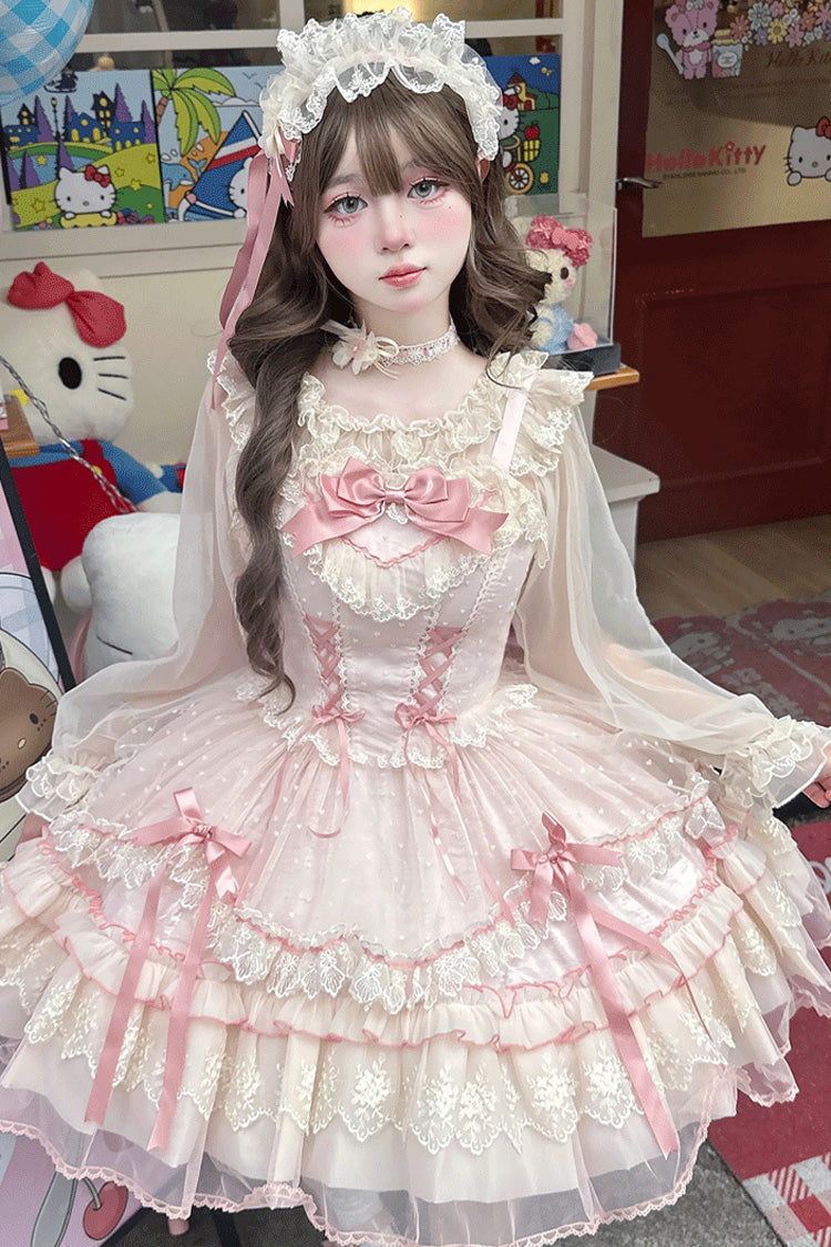 Pink [Candy House] Sleeveless Ruffle Bowknot Lace Lace-Up Sweet Lolita Jsk Dress - Product - 6