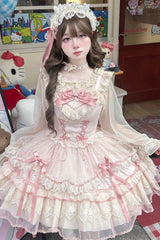 Pink [Candy House] Sleeveless Ruffle Bowknot Lace Lace-Up Sweet Lolita Jsk Dress - Product - 6