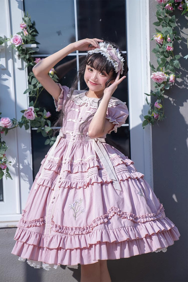 Pink Doll Collar Short Sleeves Iris Poem Print Ruffle Embroidery Sweet Lolita Dress - Product - 9