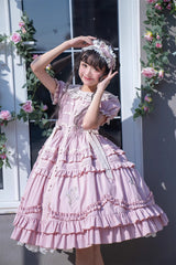Pink Doll Collar Short Sleeves Iris Poem Print Ruffle Embroidery Sweet Lolita Dress - Product - 9