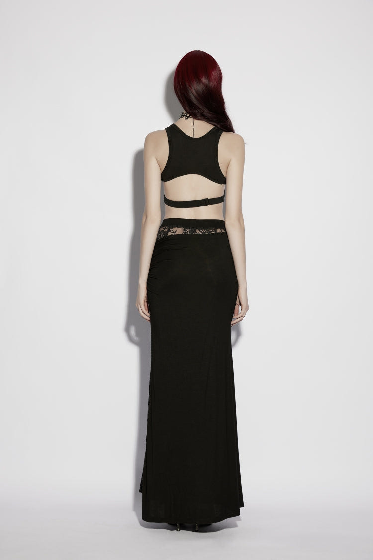 Black Cut-Out Rose Lace Splice Side Slit Asymmetric Women's Gothic Skirt - Product - 4