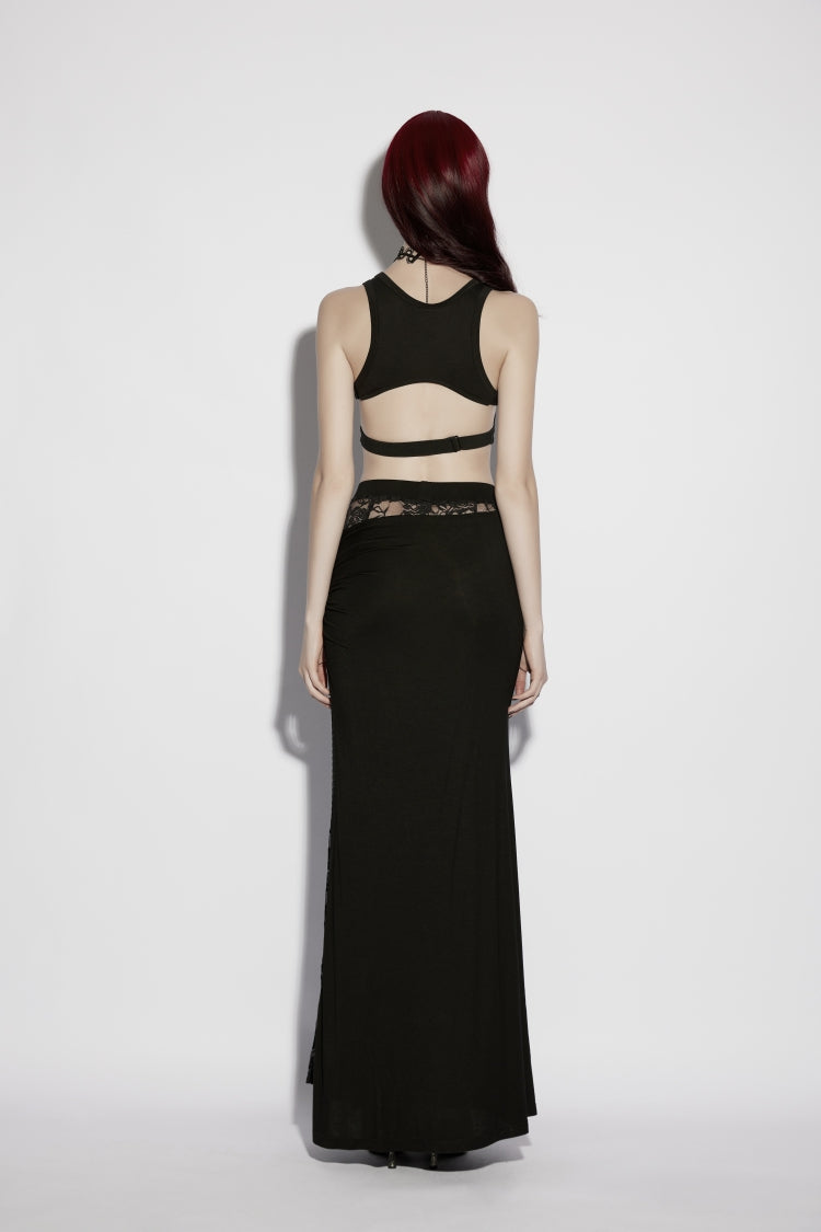 Black Cut-Out Rose Lace Splice Side Slit Asymmetric Women's Gothic Skirt - Product - 4