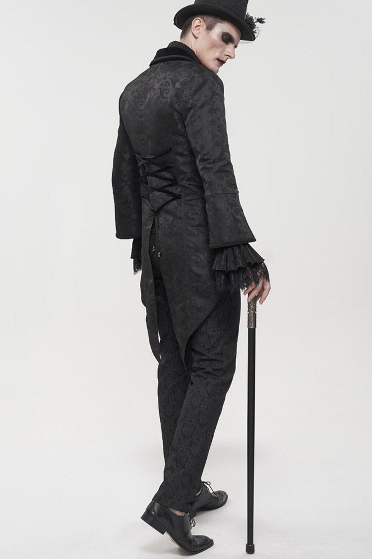 Black Gothic Embroidered Print Pattern Metal Pattern Buckle Decoration Trumpet Sleeve Men's Swallowtail Coat - Product - 9