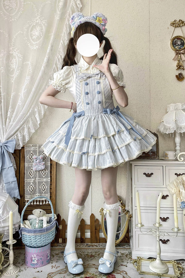 Light Blue Cotton Sleeveless Triple-Layered Printed Ruffled Bow Sweet Lolita Strap Dress - Product - 2