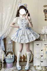 Light Blue Cotton Sleeveless Triple-Layered Printed Ruffled Bow Sweet Lolita Strap Dress - Product - 2