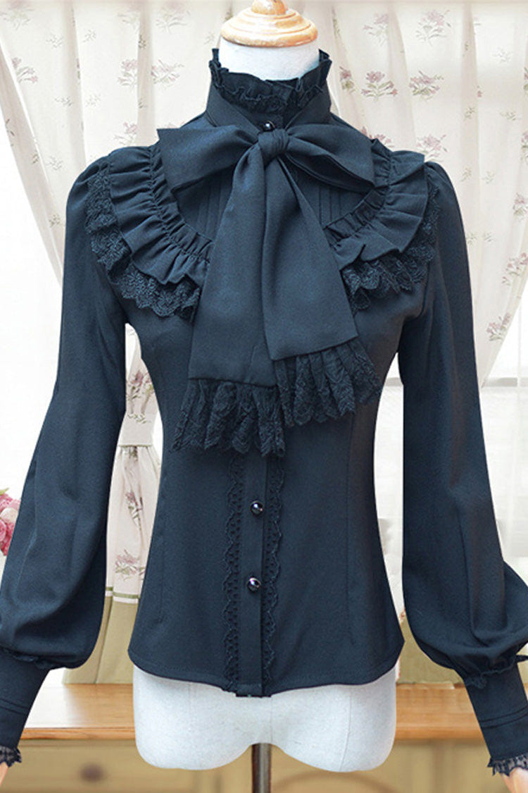 Solid Color Lantern Sleeves Stand Collar Bowknot Tie Classic Lolita Blouse 4 Colors - Black - 1