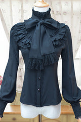 Solid Color Lantern Sleeves Stand Collar Bowknot Tie Classic Lolita Blouse 4 Colors - Black - 1
