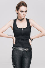 Black Front Zip Sleeveless Back Cut-Out Belted Round Collar Women's Punk Tank Top - Product - 2