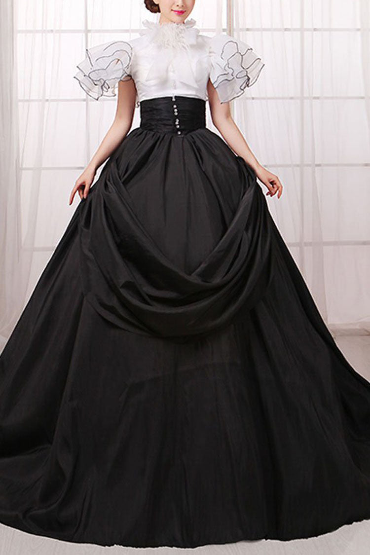 White/Black Stitching Short Sleeves High Waisted Back Zipper Bowknot Victorian Lolita Prom Dress - White/Black - 1