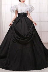 White/Black Stitching Short Sleeves High Waisted Back Zipper Bowknot Victorian Lolita Prom Dress - White/Black - 1