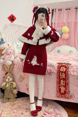 Red [New Year] Rabbit Printed Embroidered Bow Sweet Chinese Style Lolita Dress - Product - 5