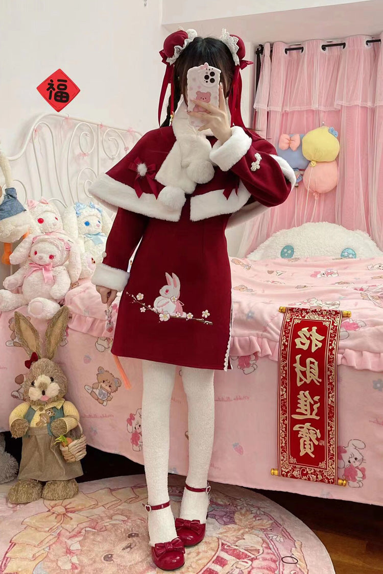 Red [New Year] Rabbit Printed Embroidered Bow Sweet Chinese Style Lolita Dress - Product - 5