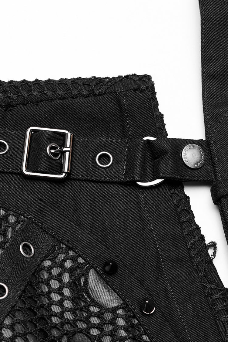 Black Faux Leather Stitching Mesh Buckles Women's Steampunk Shorts - Product - 6