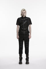 Black Stand Collar Sleeveless Spliced Asymmetric Studded Buckled Eyelet Men's Punk Cool Vest - Product - 6