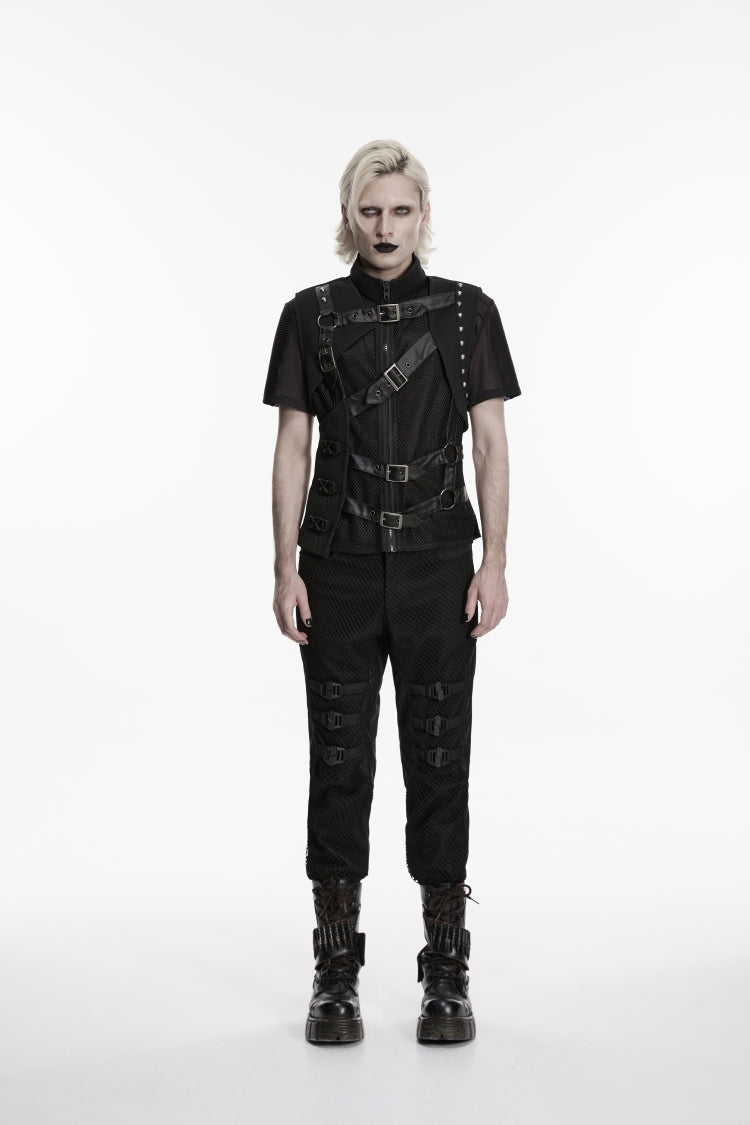 Black Stand Collar Sleeveless Spliced Asymmetric Studded Buckled Eyelet Men's Punk Cool Vest - Product - 6