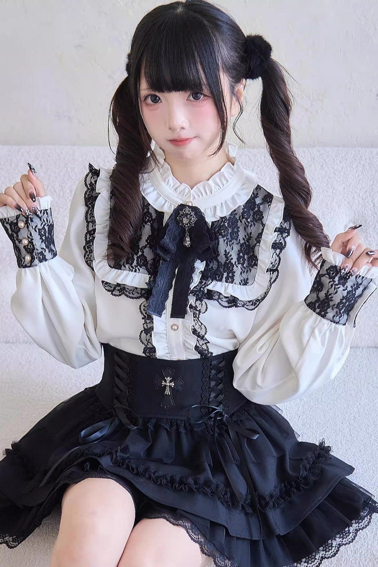 Sweet Print Ruffle Lace Lace-Up Jirai Kei Skirt 3 Colors - Product - 7