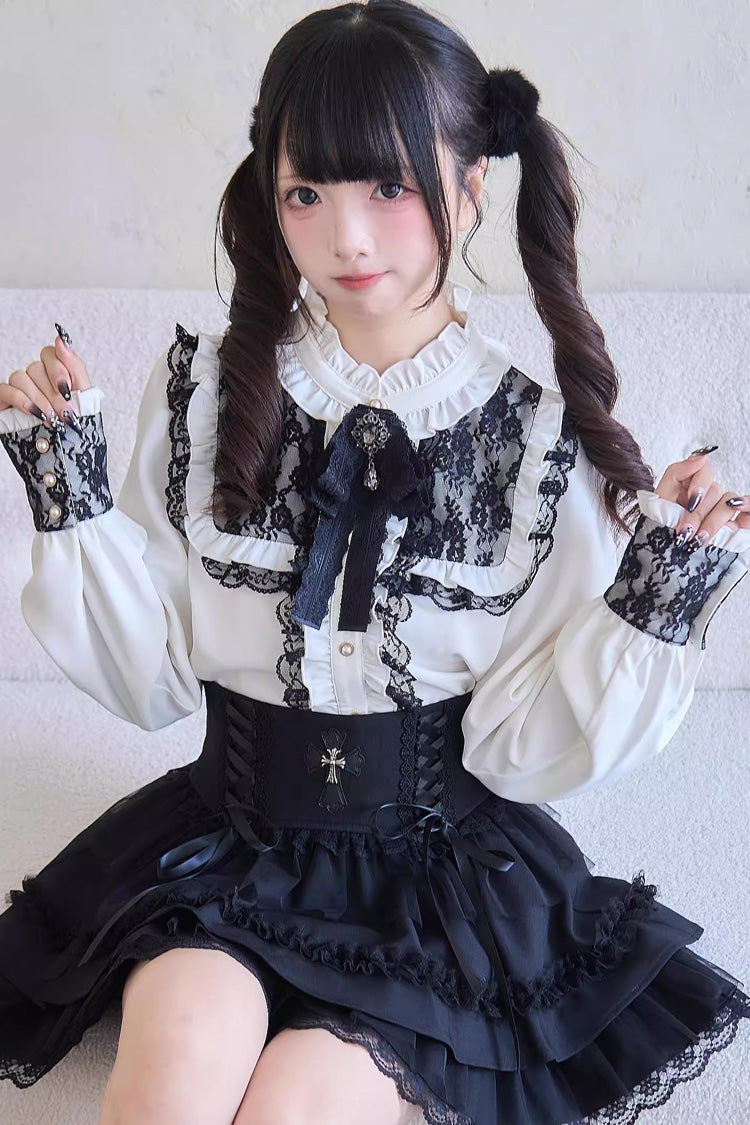 Sweet Print Ruffle Lace Lace-Up Jirai Kei Skirt 3 Colors - Product - 7